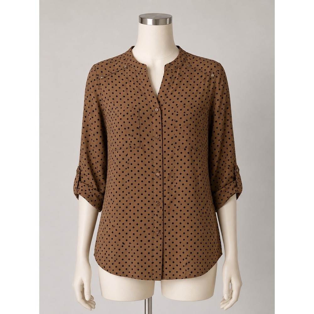 NY Collection Polka Dot Roll Tab Sleeve Blouse Tan Black Split Neck Top